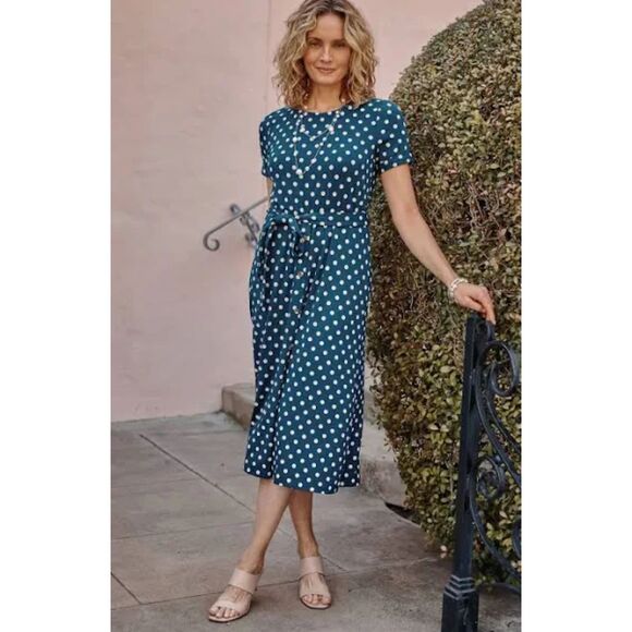 J. Jill Wearever Collection Belted Midi Dress - Atlantic Timeless Dot 2X - Picture 1 of 8